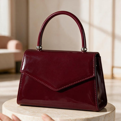 Burgundy Patent Handbag, Top Handle Purse, Wine Red Flap Bag, Elegant Womens Bag