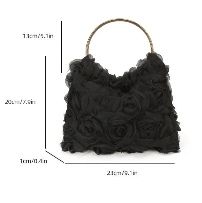 Black Rose Flower Handbag, 3D Floral Shoulder Bag, Black Flower Purse, Elegant Evening Bag, Gold Ring Handle Purse