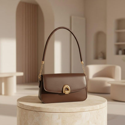 Brown Flap Shoulder Bag, Structured Handbag, Gold Clasp Purse, Top Handle Bag