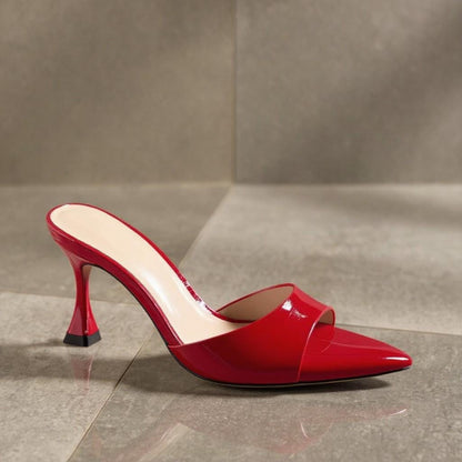 Red Patent Leather Mule Heels, Peep Toe Slip On Shoes, High Heel Dress Mules, Elegant Red Pumps