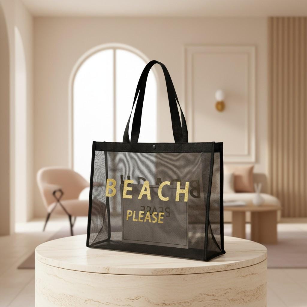 Black Mesh Beach Tote Bag, Beach Bag Set with Pouch, Summer Vacation Tote, Poolside Travel Bag, Coastal Carryall