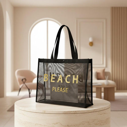 Black Mesh Beach Tote Bag, Beach Bag Set with Pouch, Summer Vacation Tote, Poolside Travel Bag, Coastal Carryall