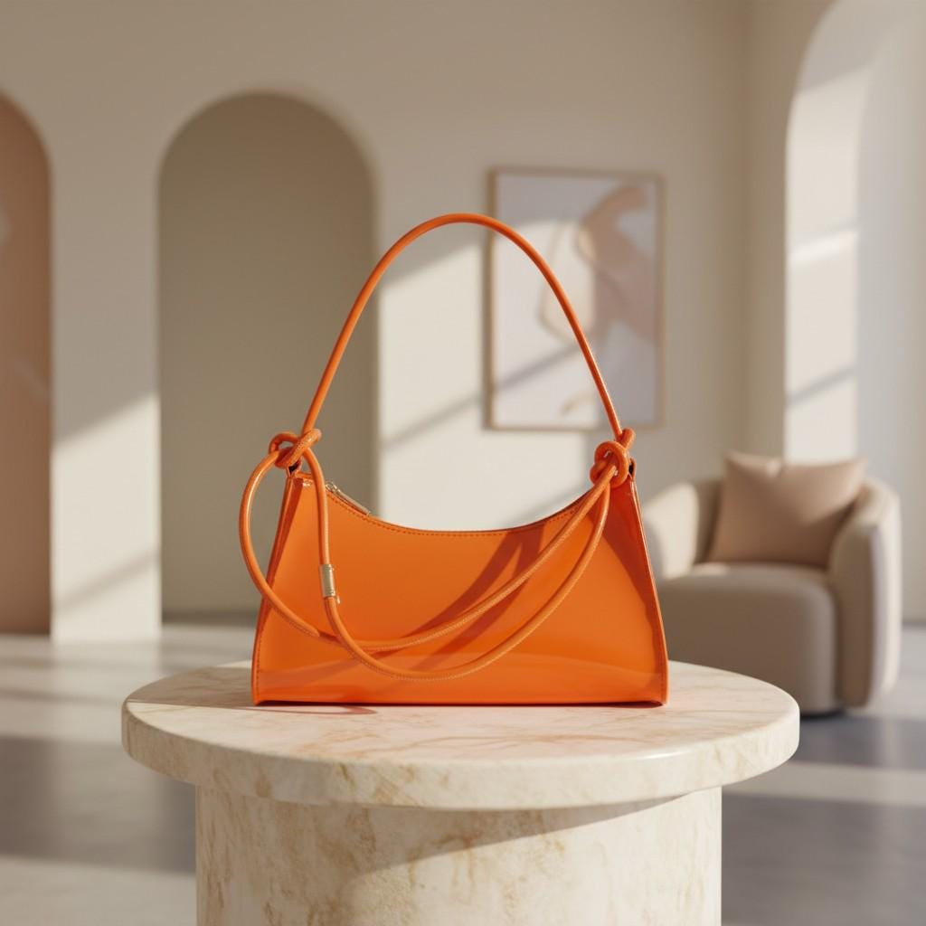 Orange Baguette Shoulder Bag, Glossy Orange Purse, Y2K Handbag, Bright Orange Underarm Bag, Trendy Women's Shoulder Bag