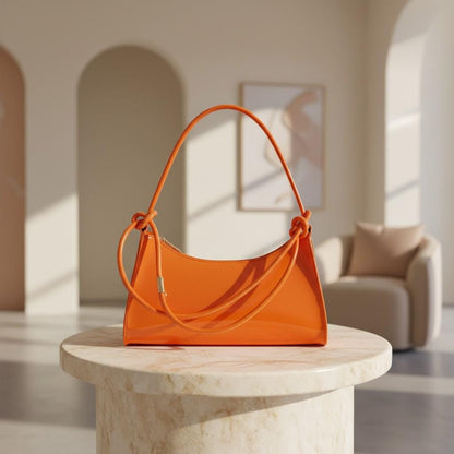 Orange Baguette Shoulder Bag, Glossy Orange Purse, Y2K Handbag, Bright Orange Underarm Bag, Trendy Women's Shoulder Bag