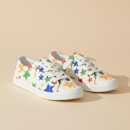 Colorful Star Print Sneakers for Women, White Low Top Shoes, Retro Lace Up Footwear