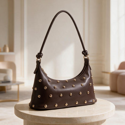 Brown Studded Shoulder Bag, Y2K Hobo Purse, Chocolate Brown Handbag, Retro Everyday Bag