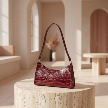 Burgundy Croc Shoulder Bag, Baguette Purse for Women, Small Glossy Handbag, Trendy Evening Bag