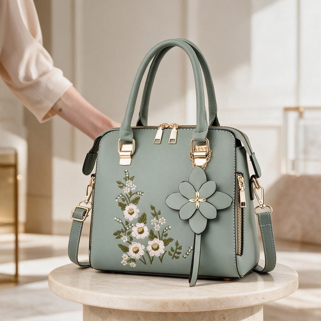 Sage Green Floral Handbag, Embroidered Flower Purse, Women's Shoulder Bag, 3D Flower Crossbody Bag