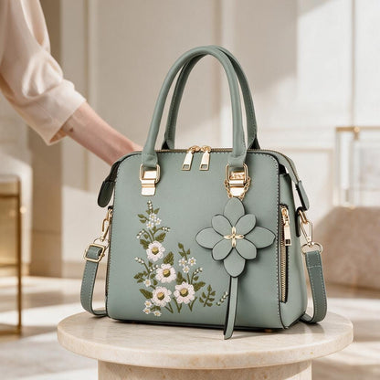 Sage Green Floral Handbag, Embroidered Flower Purse, Women's Shoulder Bag, 3D Flower Crossbody Bag