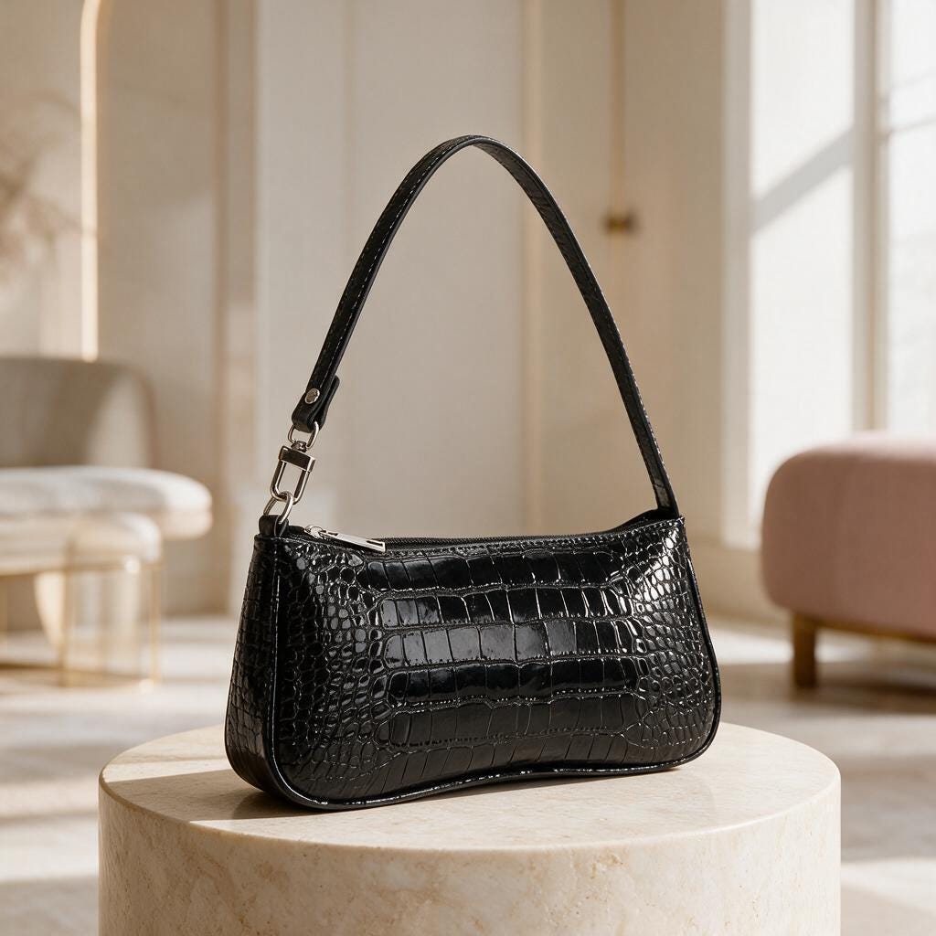 Black Croc Embossed Shoulder Bag, Y2K Baguette Purse, Glossy Mock Croc Handbag, Mini Underarm Bag, Patent Look Purse