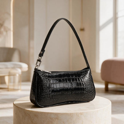 Black Croc Embossed Shoulder Bag, Y2K Baguette Purse, Glossy Mock Croc Handbag, Mini Underarm Bag, Patent Look Purse