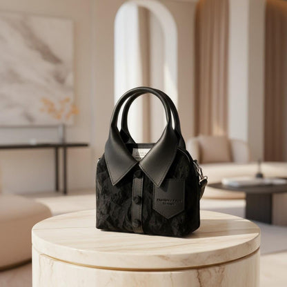 Black Top Handle Bag, Women's Shoulder Crossbody Purse, Collared Satchel Handbag, Casual Structured Bag, Everyday Purse