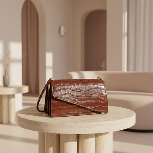 Brown Croc Print Handbag, Structured Flap Purse for Women, Long Handle Shoulder Bag