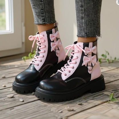 Pink Bow Ankle Boots, Black Lace Up Platform Boots, Chunky Lug Sole Shoes
