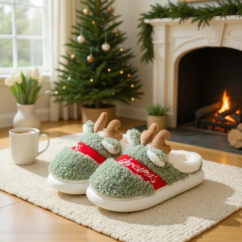 Reindeer Christmas Slippers, Green Fuzzy Plush House Shoes, Cozy Holiday Slippers
