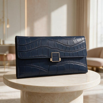 Navy Croc Embossed Wallet, Long Womens Flap Wallet, Elegant Clasp Purse