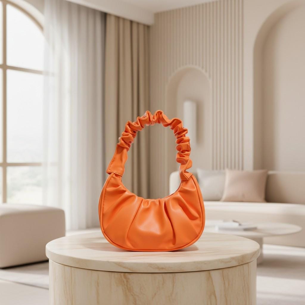 Orange Ruched Shoulder Bag, Gathered Hobo Purse, Scrunchie Handle Handbag, Y2K Underarm Bag, Trendy Everyday Purse