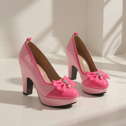 Pink Bow Platform Pumps, Hot Pink Heels, Chunky High Heel Shoes