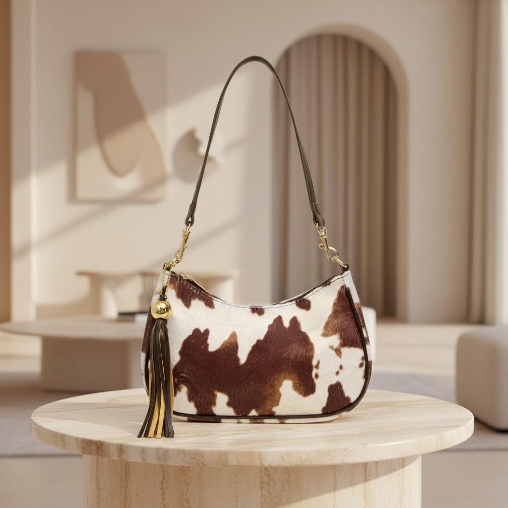 Cow Print Shoulder Bag, Brown Cow Pattern Purse, Y2K Hobo Bag, Western Handbag, Tassel Shoulder Bag