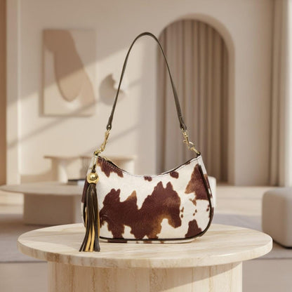 Cow Print Shoulder Bag, Brown Cow Pattern Purse, Y2K Hobo Bag, Western Handbag, Tassel Shoulder Bag
