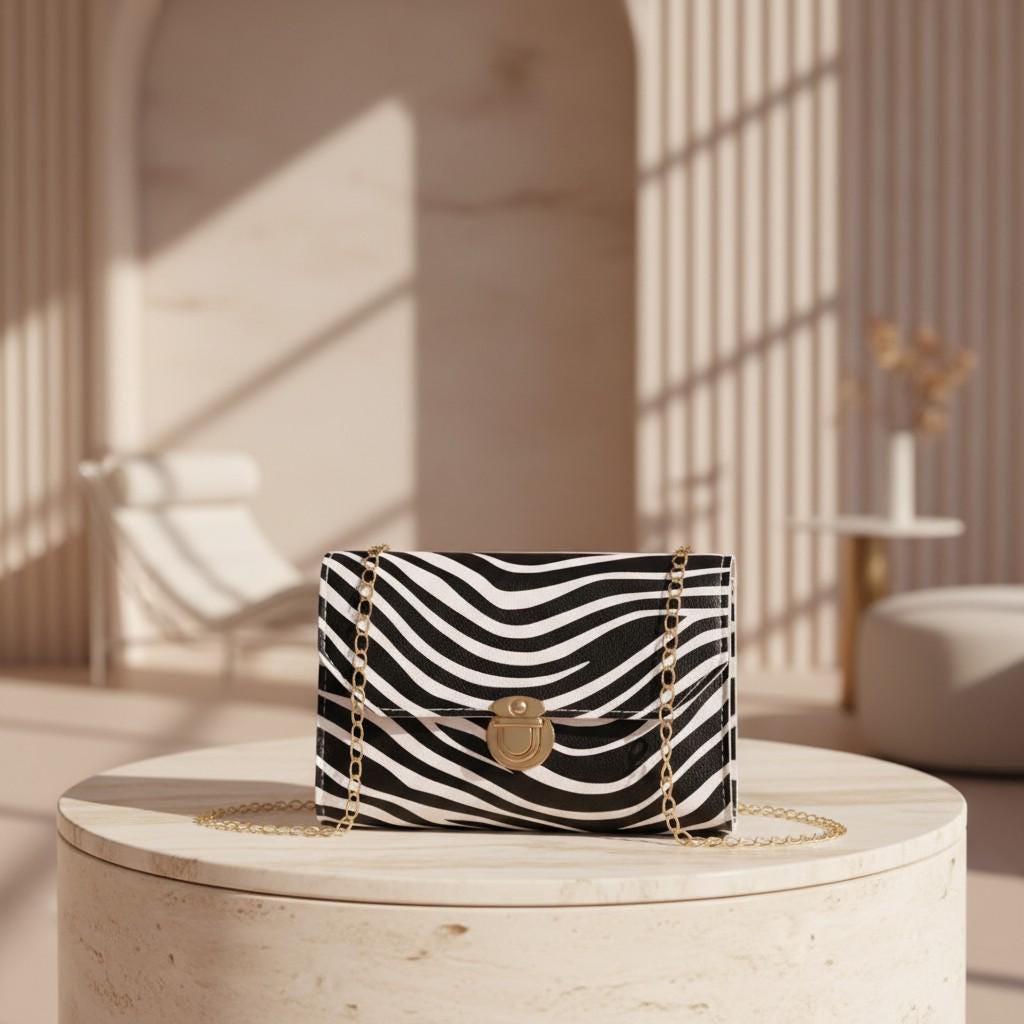 Zebra Print Shoulder Bag, Black White Chain Purse, Animal Print Flap Handbag, Zebra Crossbody Bag, Gold Chain Purse