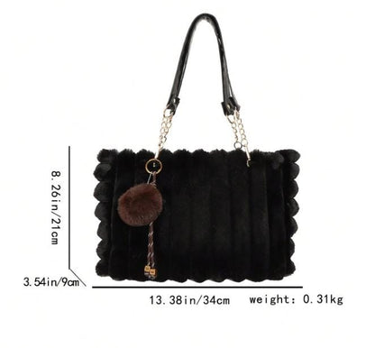 Black Faux Fur Bag, Fluffy Shoulder Purse, Cozy Winter Handbag, Plush Tote Bag, Soft Furry Fashion Accessory