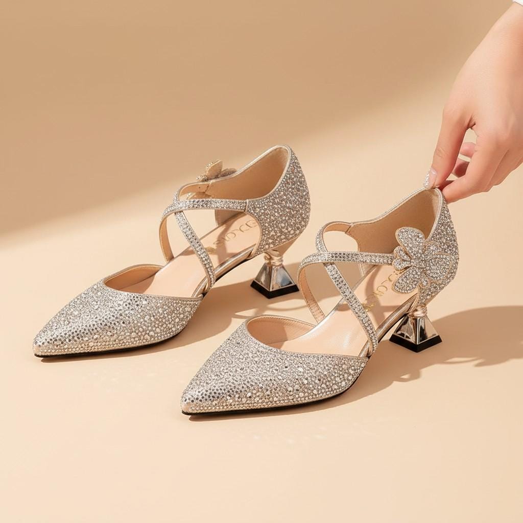 Silver Rhinestone Heels for Women, Pointed Toe Strappy Pumps, Sparkly Bridal Wedding Shoes