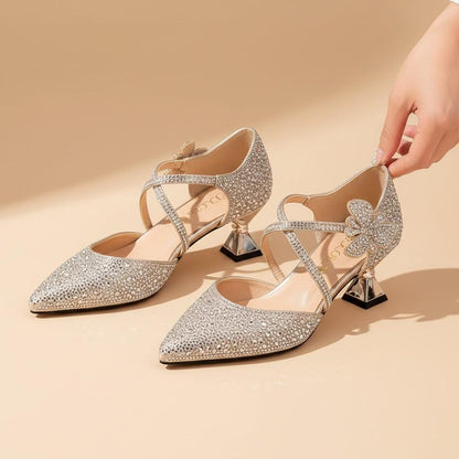 Silver Rhinestone Heels for Women, Pointed Toe Strappy Pumps, Sparkly Bridal Wedding Shoes