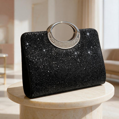 Black Glitter Clutch Bag, Sparkly Evening Purse with Crystal Ring Handle, Glam Party Handbag, Formal Night Out Bag