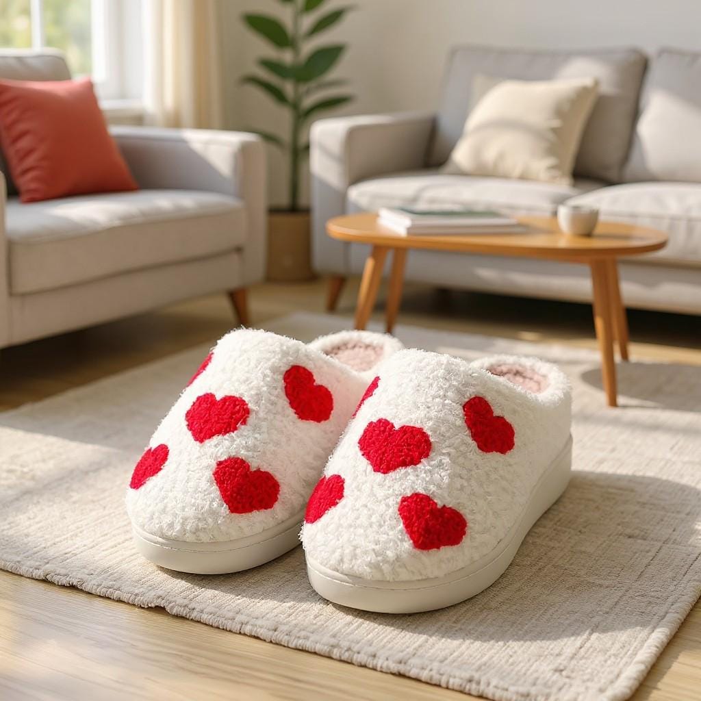 Heart Slippers, Fuzzy Plush House Shoes, Cute Valentine Slippers, Cozy Indoor Footwear