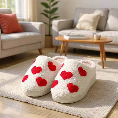Heart Slippers, Fuzzy Plush House Shoes, Cute Valentine Slippers, Cozy Indoor Footwear