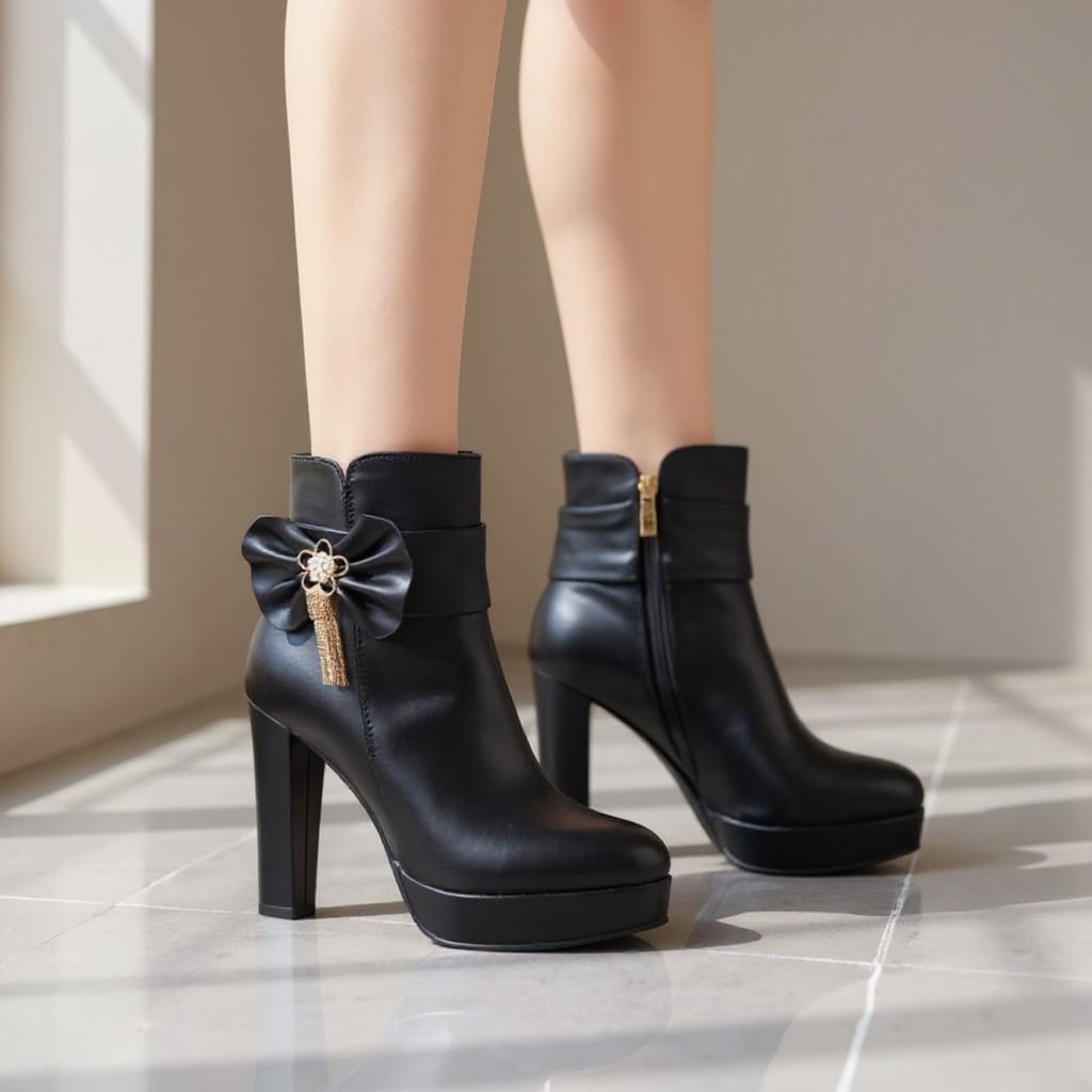 Black Bow Platform Ankle Boots, High Heel Booties, Elegant Embellished Shoes