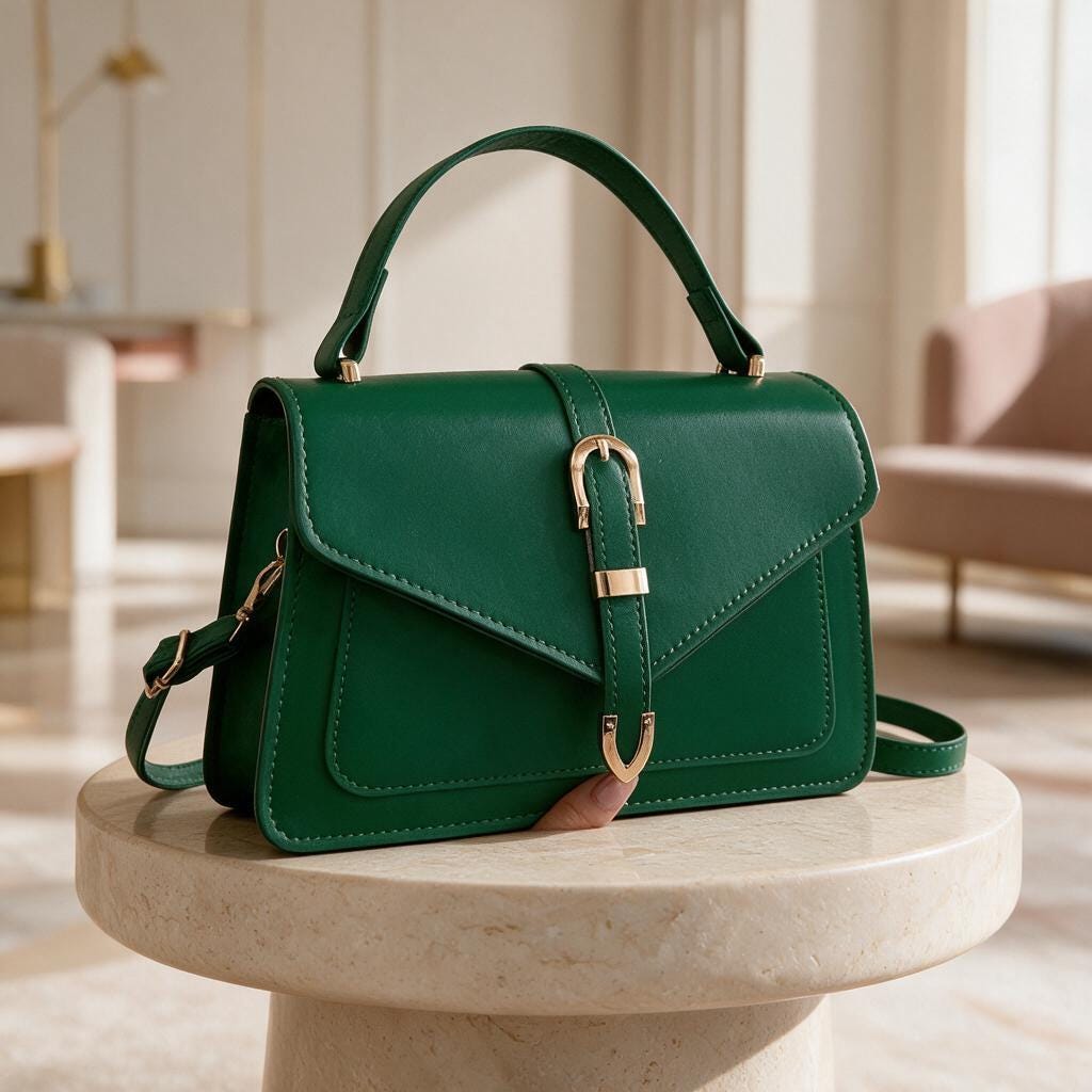 Green Top Handle Handbag, Structured Flap Purse, Emerald Crossbody Bag, Gold Buckle Shoulder Bag, Elegant Everyday Purse