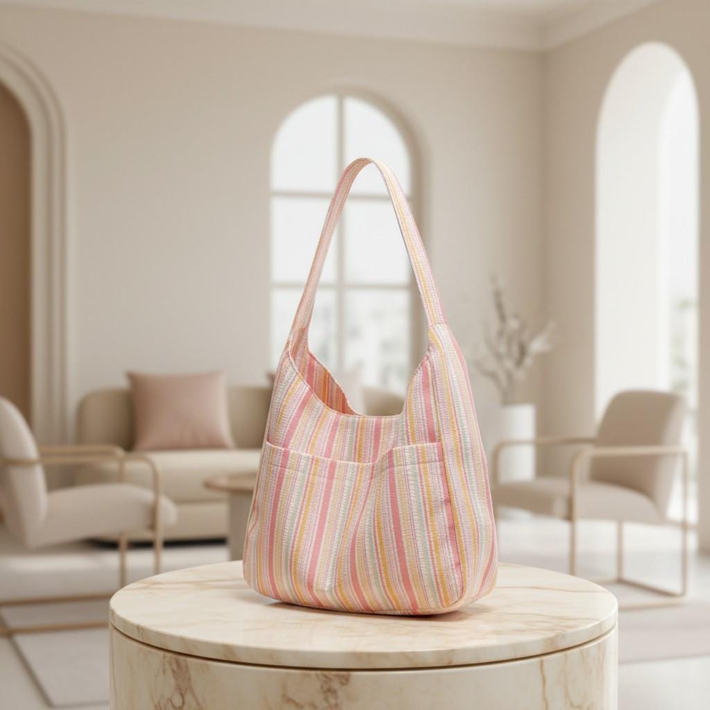 Pink Striped Shoulder Bag, Pastel Tote Purse for Women, Colorful Everyday Handbag, Casual Summer Bag
