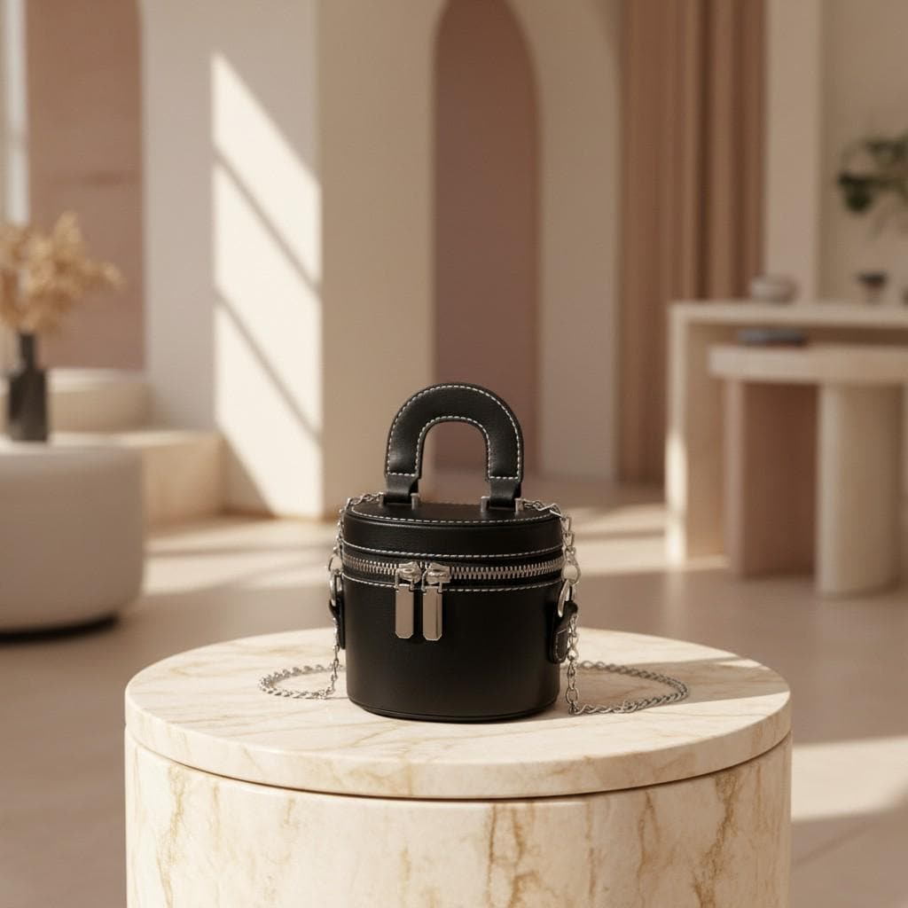 Black Cylinder Bag, Mini Shoulder Crossbody Purse, Top Handle Handbag, Double Zip Round Bag, Small Everyday Purse
