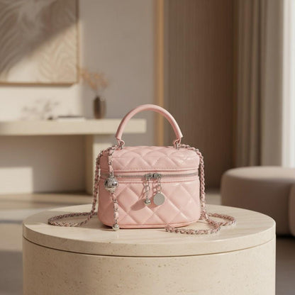 Pink Quilted Mini Bag, Pastel Pink Crossbody Purse, Chain Shoulder Bag, Top Handle Handbag, Cute Y2K Purse, Heart Charm Bag