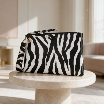 Zebra Print Clutch Bag, Black White Wristlet Purse, Animal Print Evening Bag, Zebra Pouch, Statement Party Clutch