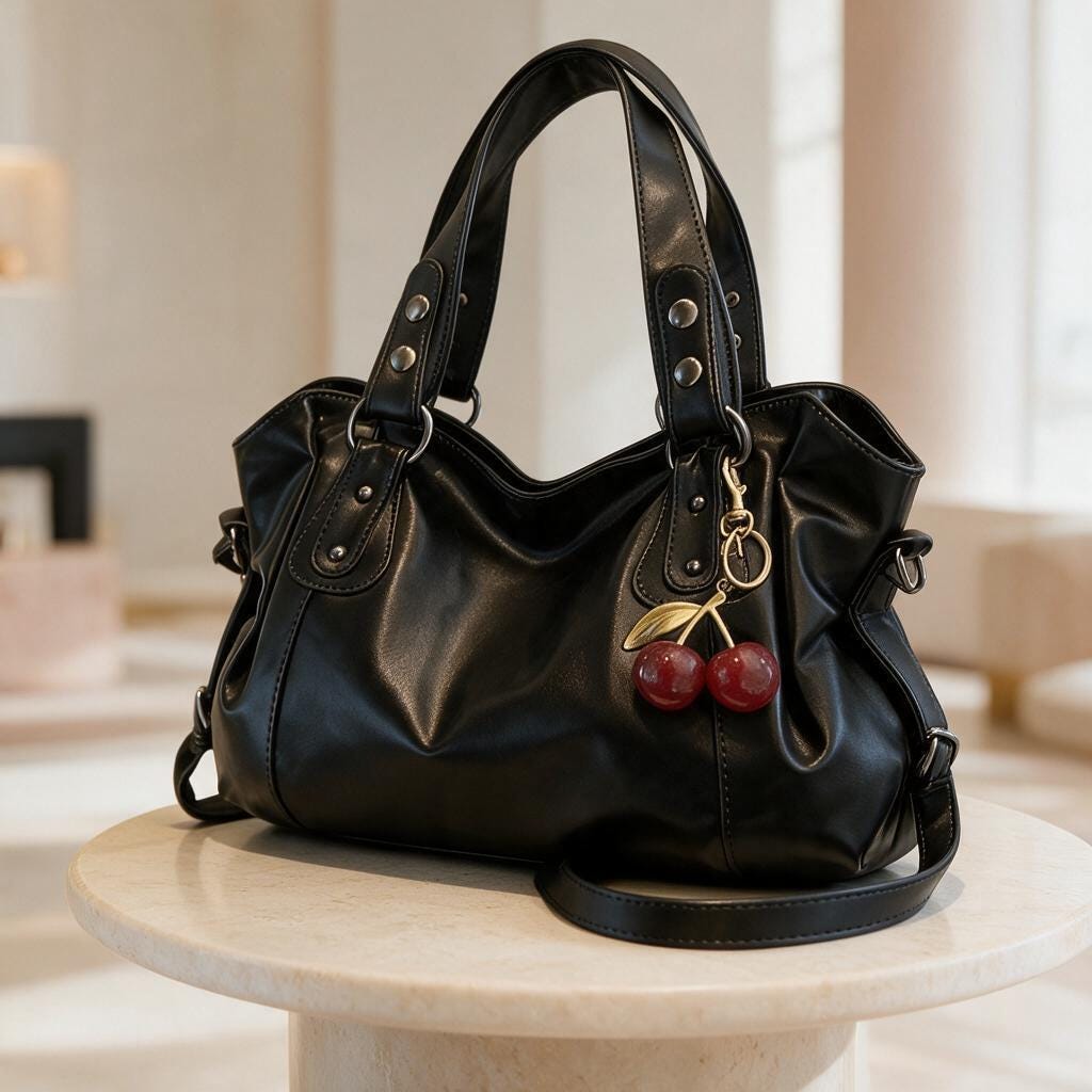 Black Hobo Shoulder Bag, Cherry Charm Purse, Slouchy Handbag, Large Everyday Bag