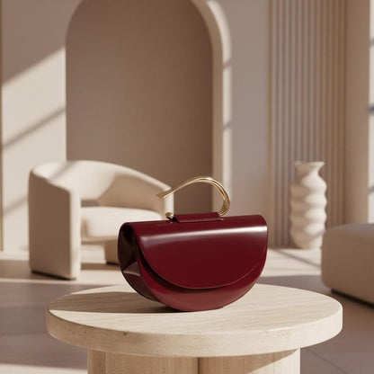 Burgundy Glossy Top Handle Bag, Half Moon Shoulder Purse, Wine Red Handbag, Gold Handle Evening Bag