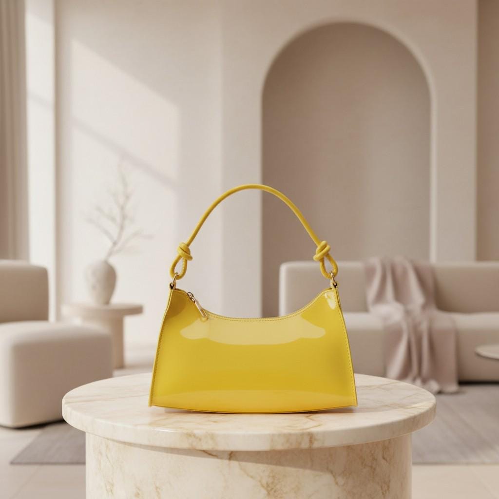 Yellow Baguette Shoulder Bag, Glossy Yellow Purse, Y2K Handbag, Bright Yellow Underarm Bag, Trendy Women's Bag
