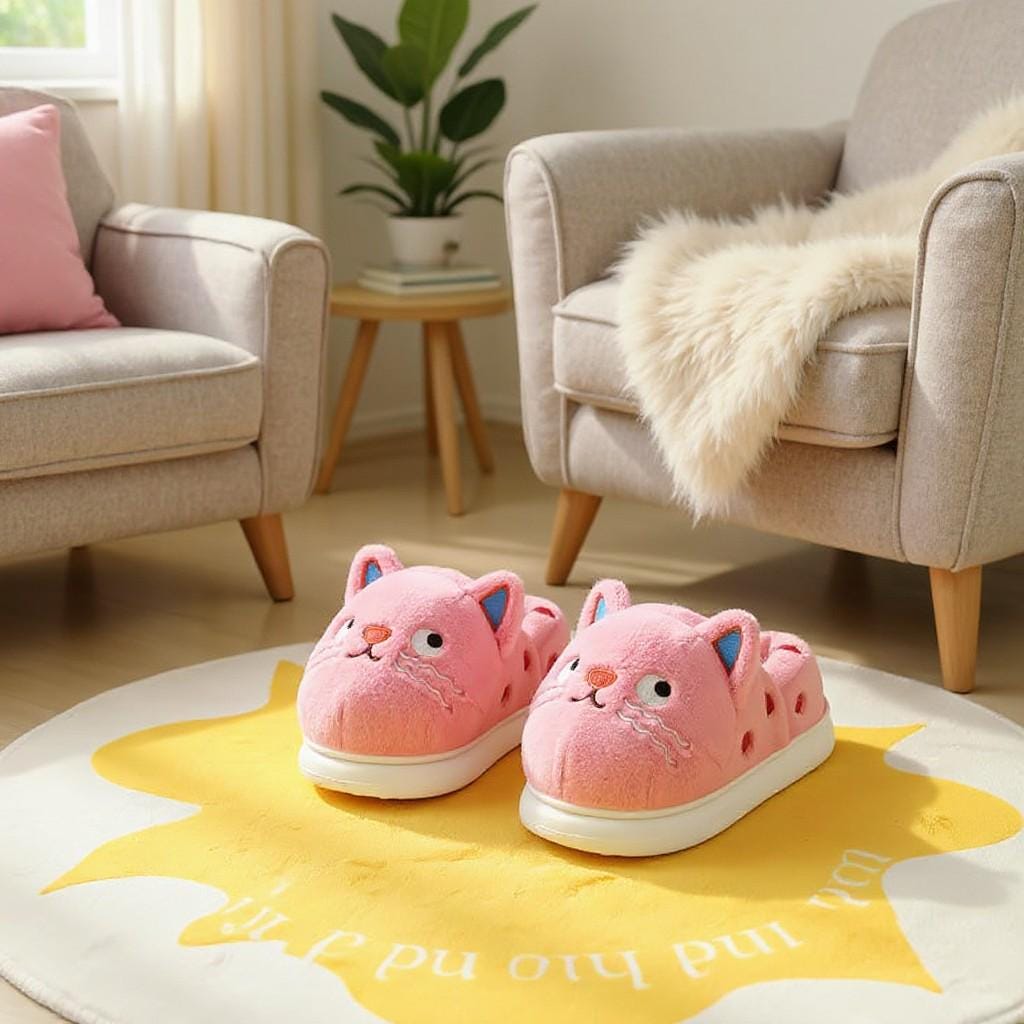 Cat Slippers, Pink Plush House Shoes, Kawaii Fuzzy Cat Slippers