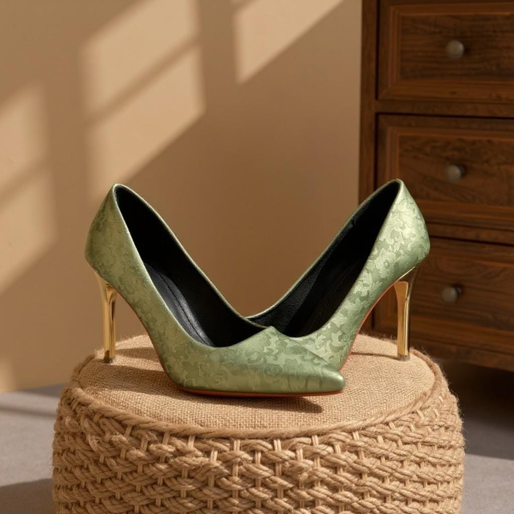 Green Floral Heels, Pointed Toe Stiletto Pumps, Sage Green Dress Shoes