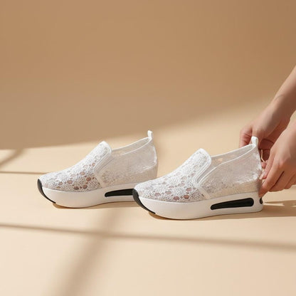 White Lace Bridal Wedge Sneakers, Floral Platform Wedding Shoes