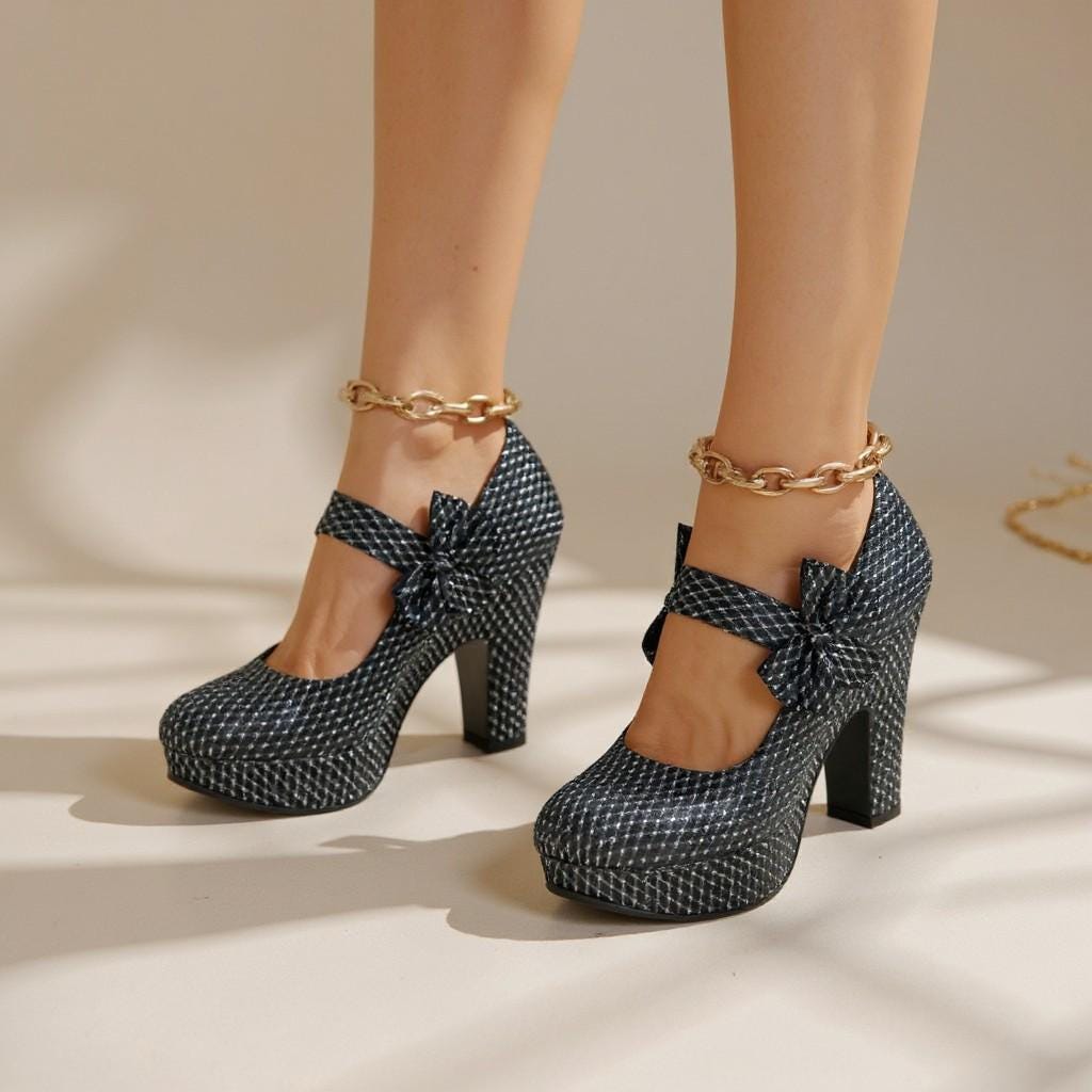 Black Mary Jane Platform Heels, Bow Block Heel Pumps, Checkered Dress Shoes