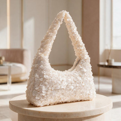 White Sequin Shoulder Bag, Sparkly Purse, Y2K Evening Bag, Bridal Party Handbag