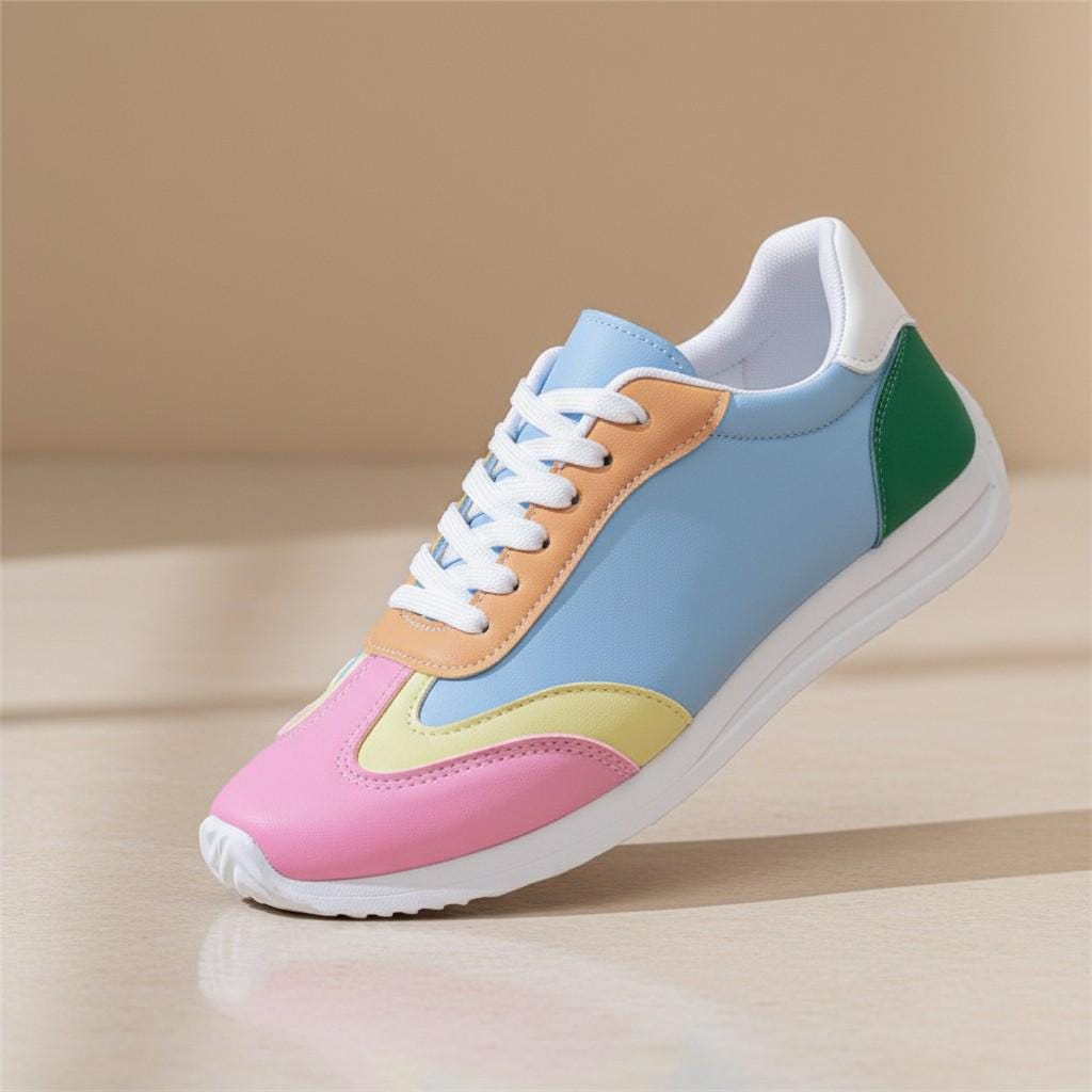 Pastel Color Block Sneakers for Women, Colorful Low Top Shoes, Pink Blue Casual Lace Up Footwear