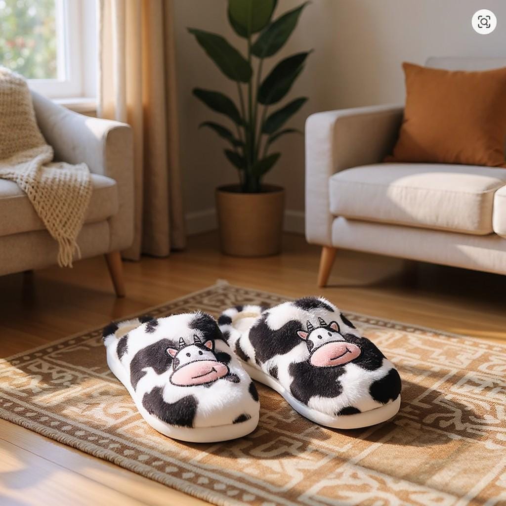 Cow Slippers, Cute Fuzzy Cow House Shoes, Plush Animal Slippers