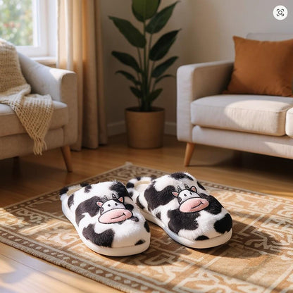 Cow Slippers, Cute Fuzzy Cow House Shoes, Plush Animal Slippers