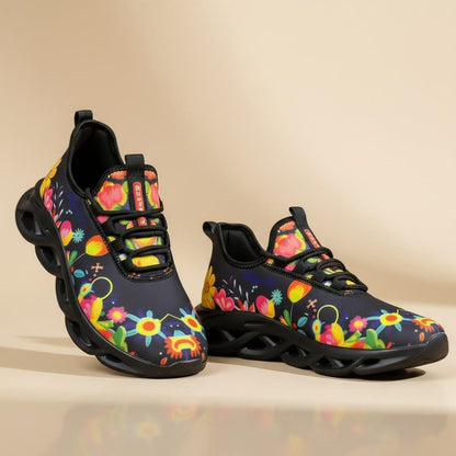 Colorful Floral Sneakers for Women, Botanical Athletic Shoes, Flower Print Running Shoes, Black Casual Sneakers, Gift for Her