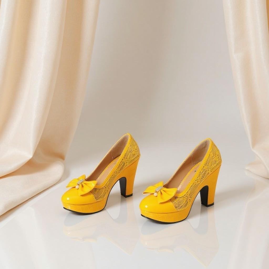 Yellow Platform Heels with Bow, Lace Detail Pumps, Chunky High Heel Shoes
